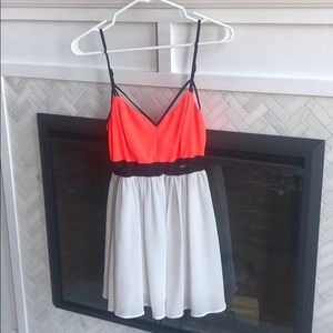 Neon coral, white and blue dress